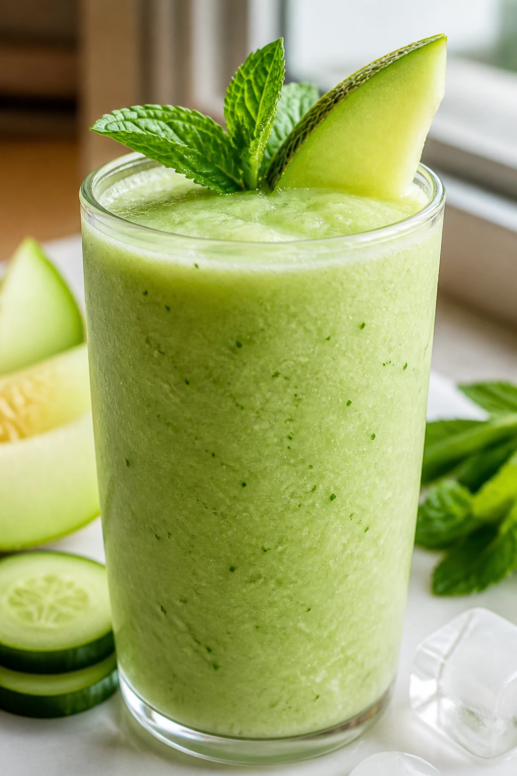 Close-up of cucumber melon spa smoothie in a glass on a bright kitchen counter