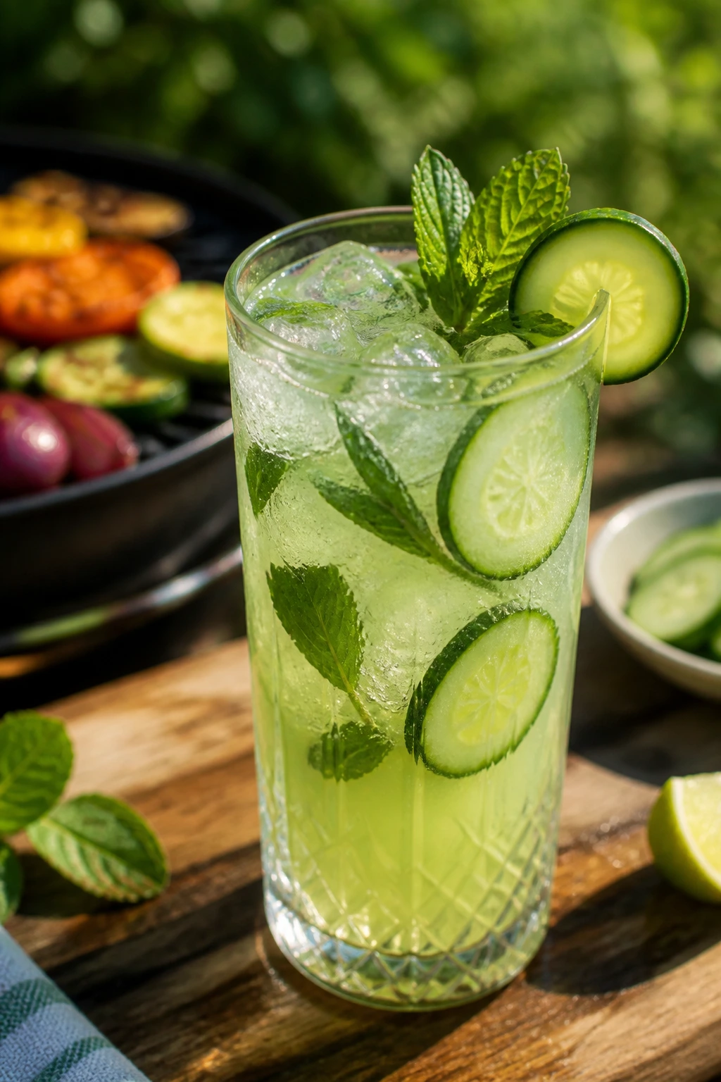 Pale green cucumber mint cooler in a glass with cucumber and mint outdoors