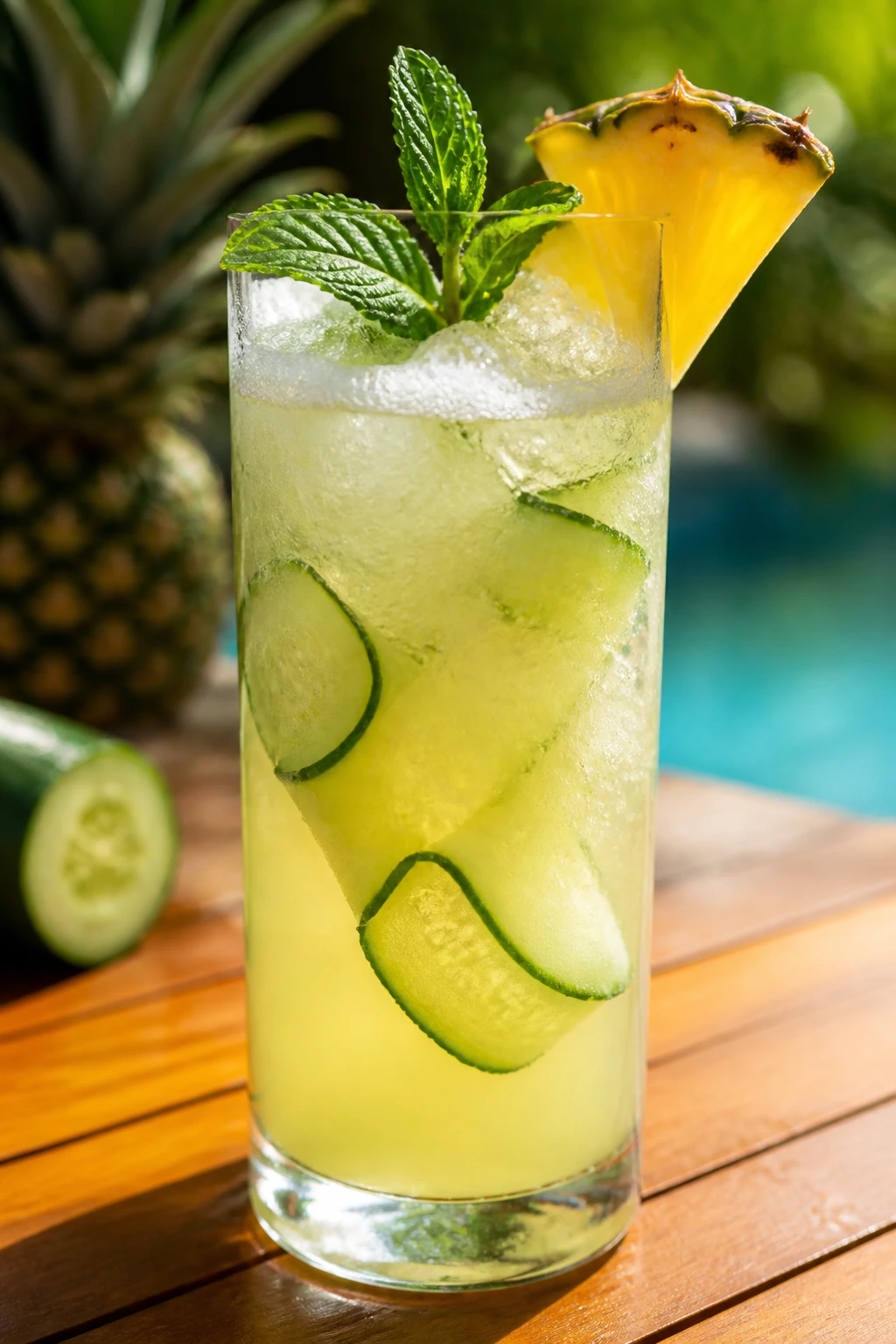 Tall Collins glass with cucumber mint gin fizz and pineapple tint on a brunch patio