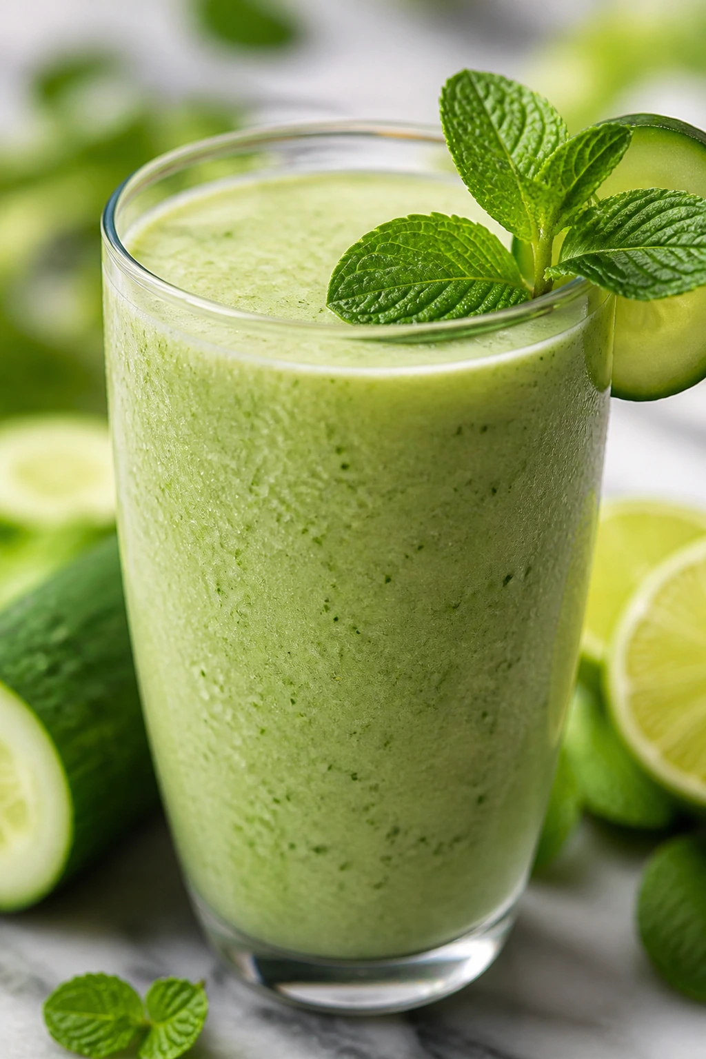 Close-up of Cucumber Mint Lime Smoothie in a glass with mint garnish on a kitchen counter