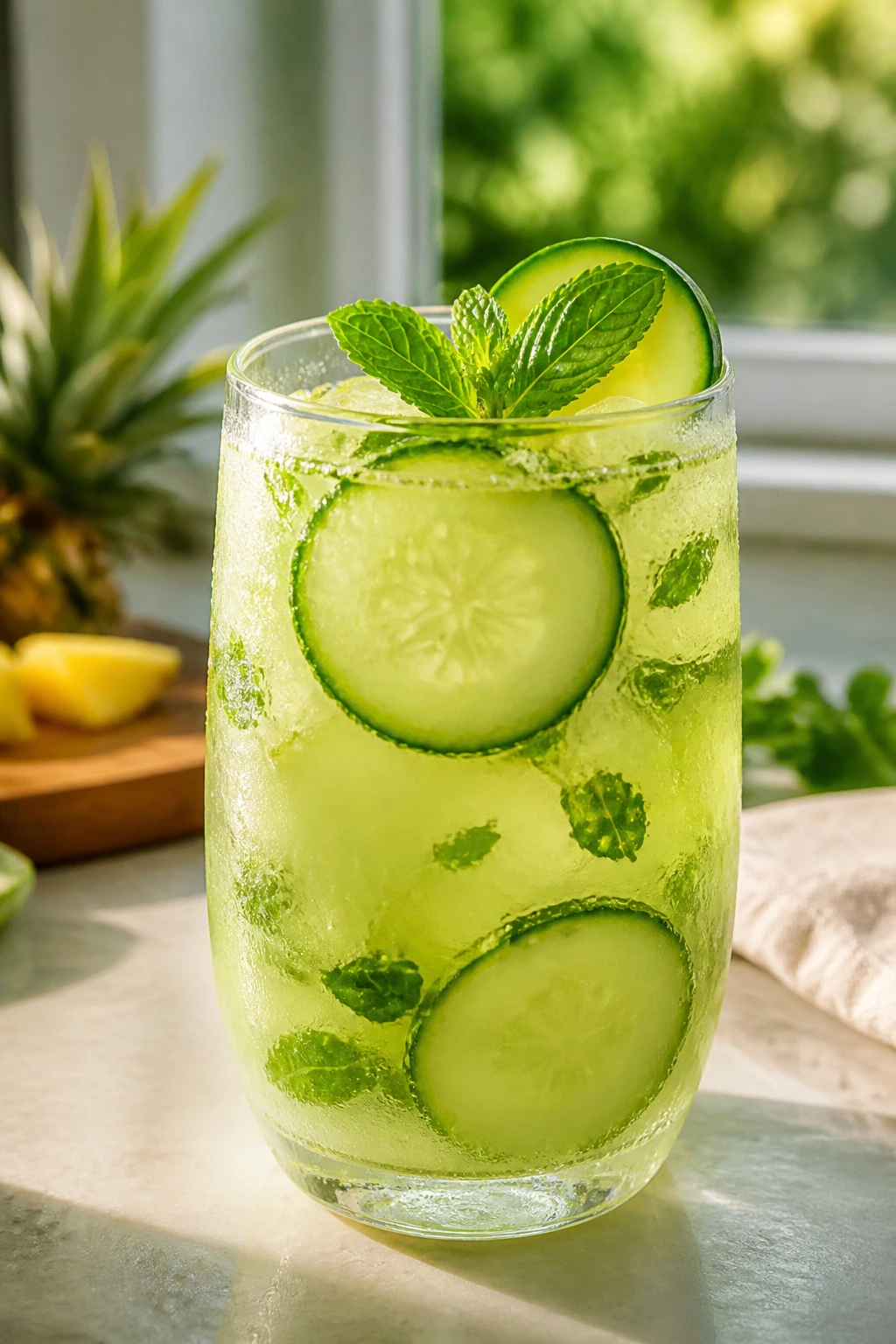 Glass of Cucumber Pineapple Cooler with cucumber slices on a sunlit kitchen counter