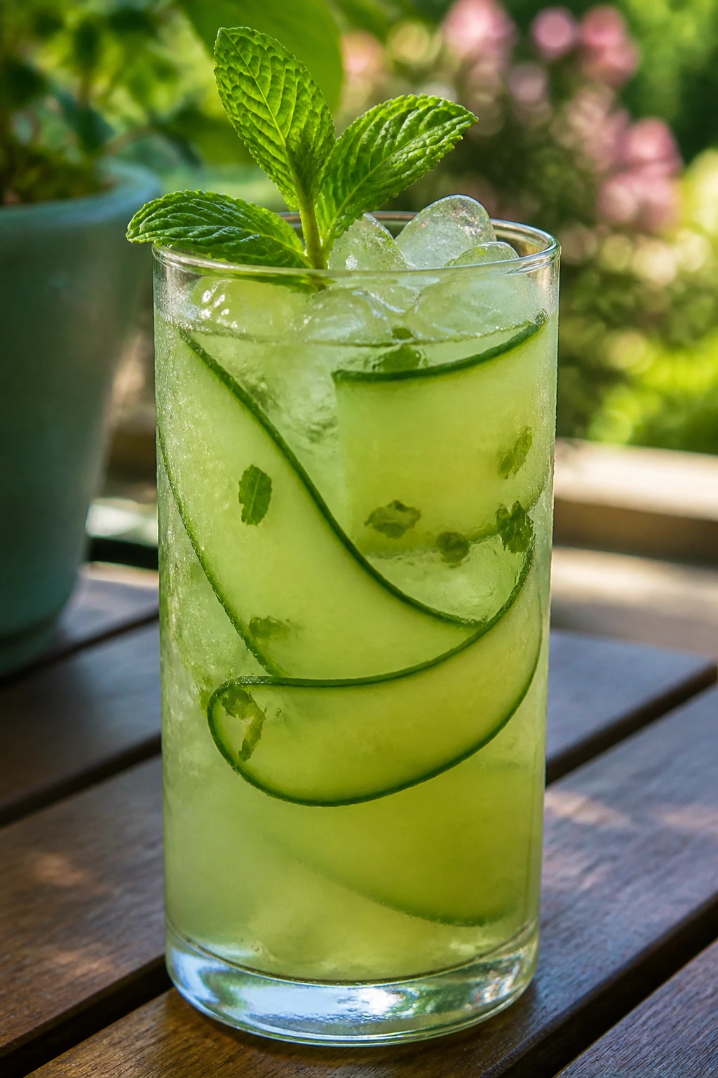 Highball glass with cucumber ribbons and mint in a gin cooler