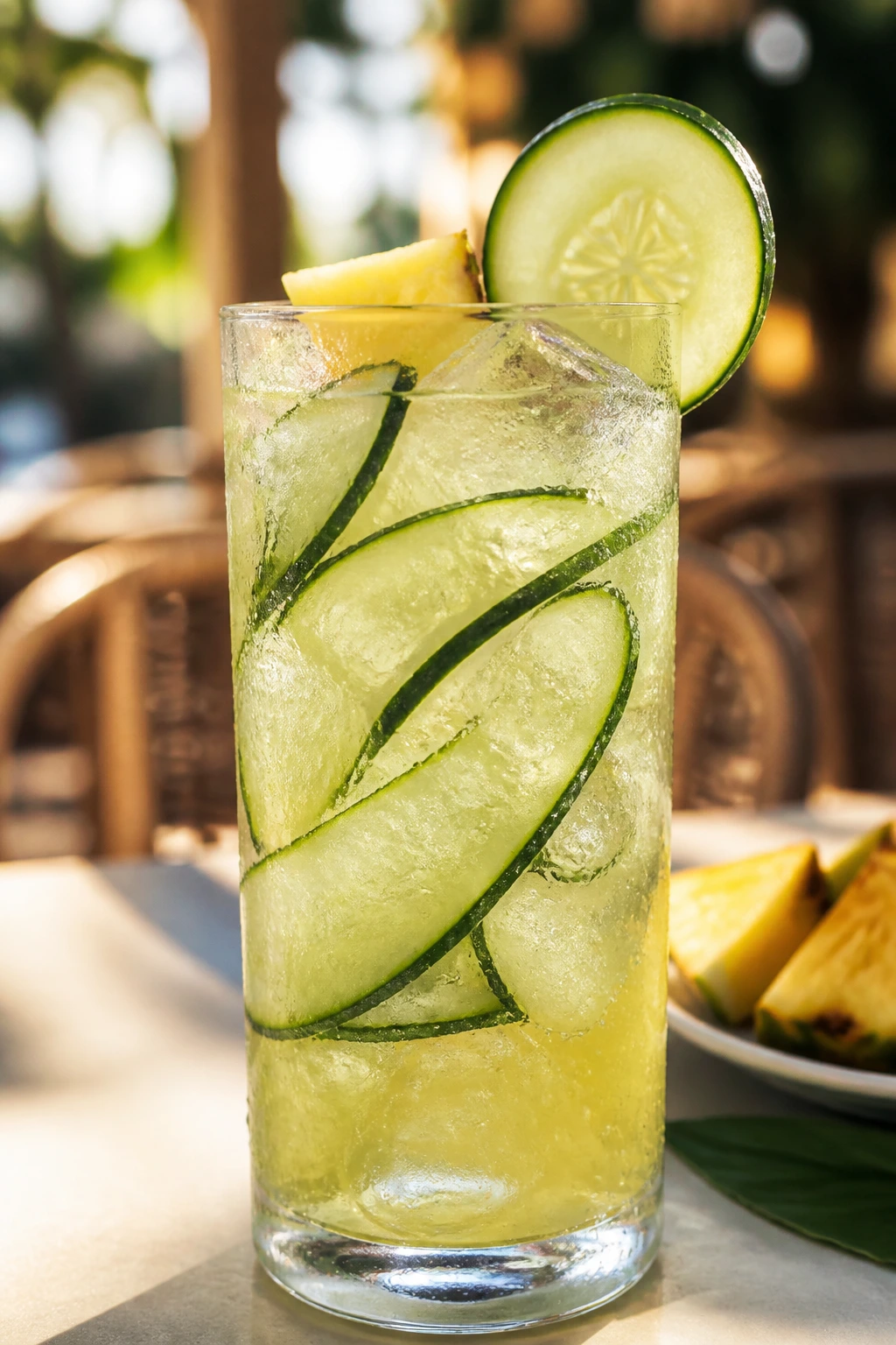 Tall glass of Cucumber Pineapple Gin Cooler with cucumber garnish
