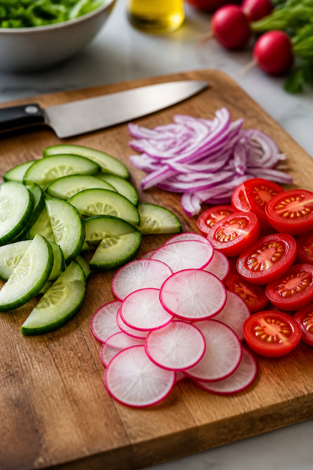 Sliced cucumber, radish, tomato, and onion on cutting board