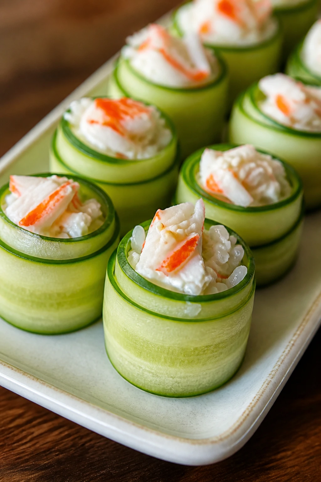 Cucumber roll-ups with crab filling on plate