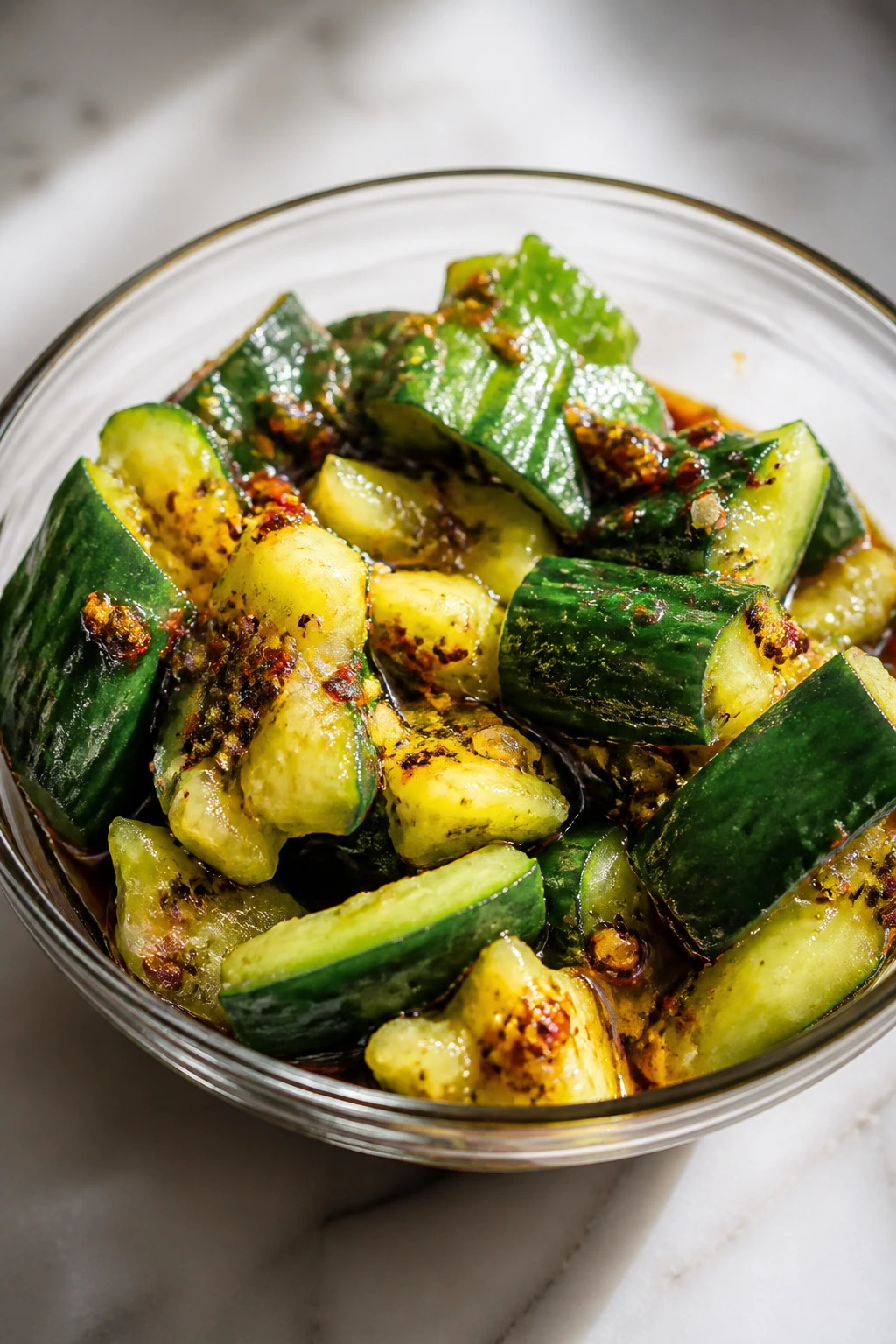 Cucumber salad with chili oil and black vinegar in a glass bowl