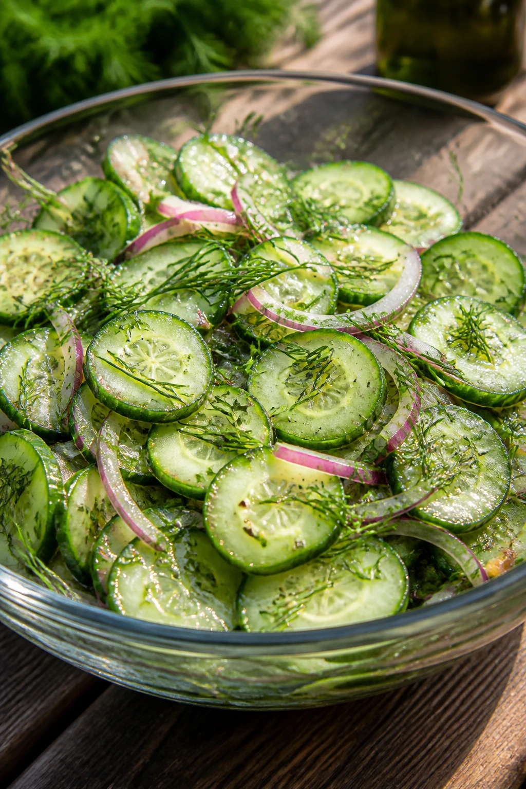 Close-up of cucumber and dill salad on rustic table outdoors