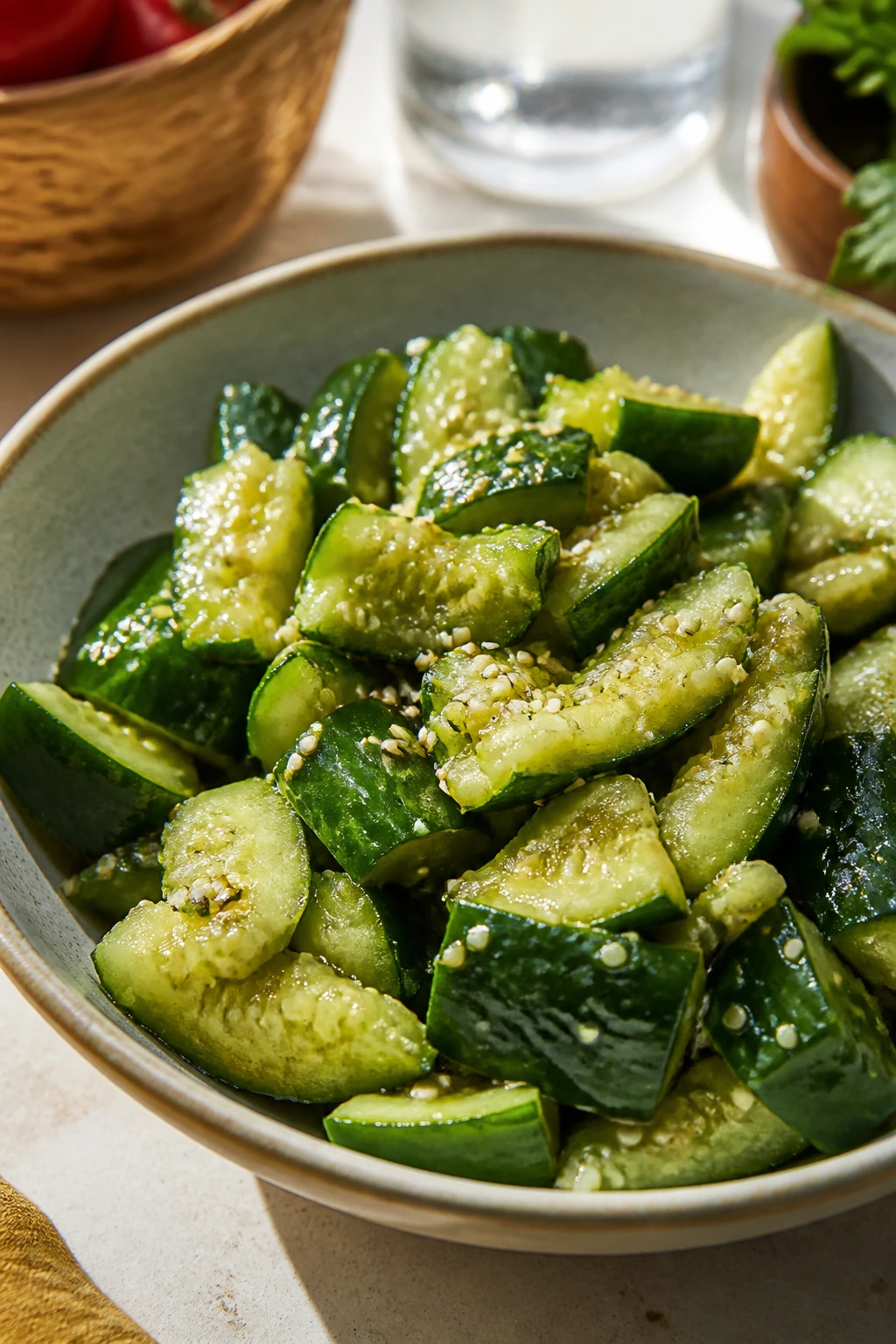 Close-up of smashed cucumber salad with sesame seeds.