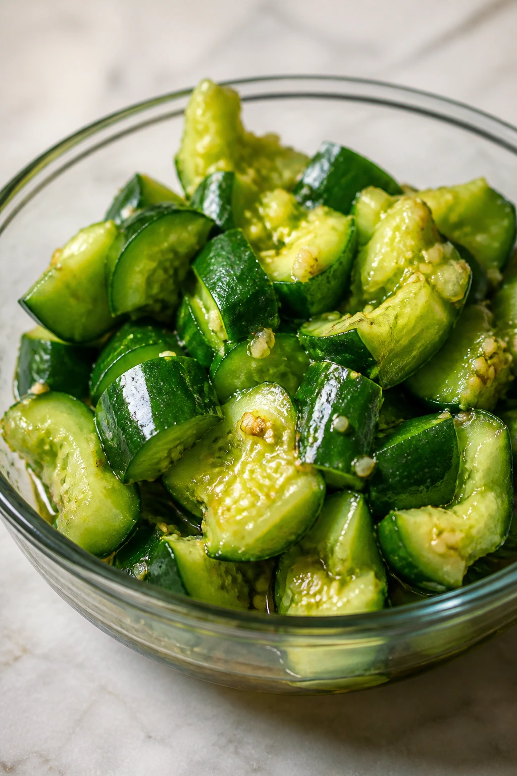 Bright smashed cucumber salad in a glass bowl with dressing