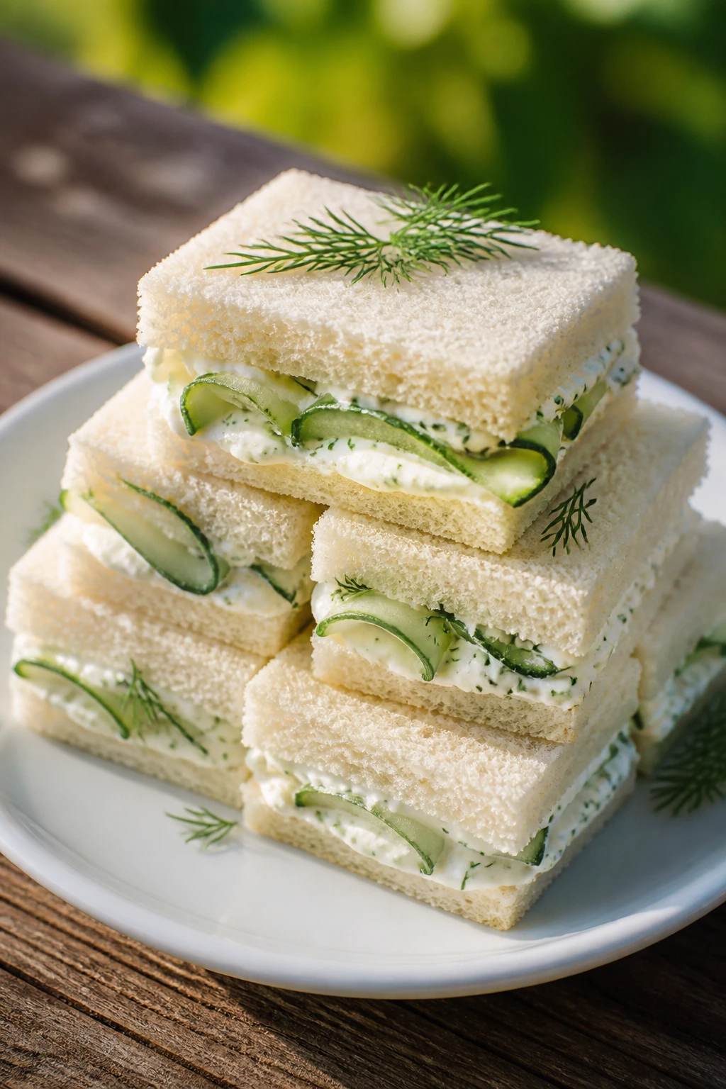 Close-up of cucumber tea sandwiches with dill cream cheese on a plate outdoors