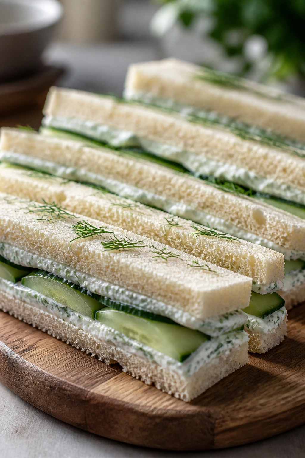 Close-up of cucumber sandwiches with dill spread on a wooden board