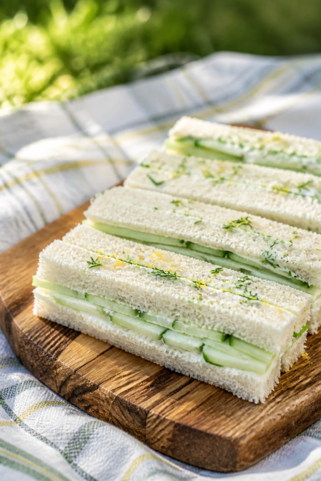 Close-up of cucumber cream cheese finger sandwiches on a rustic picnic setting