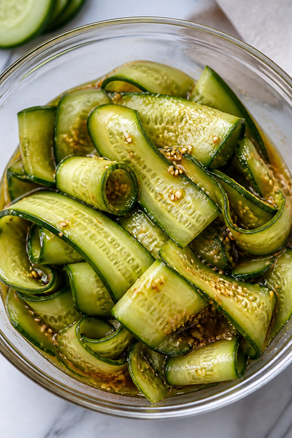 Crisp cucumber salad with sesame dressing in glass bowl