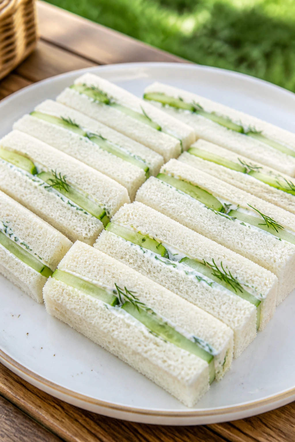 Close-up of cucumber tea sandwiches on a plate at a picnic