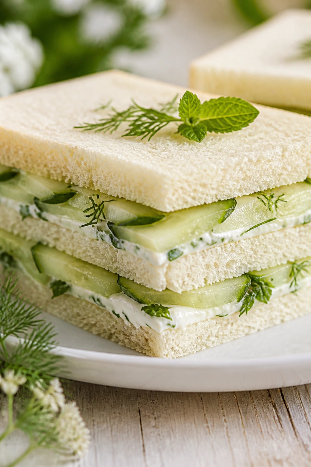 Macro close-up of cucumber herb tea sandwich on plate outdoors