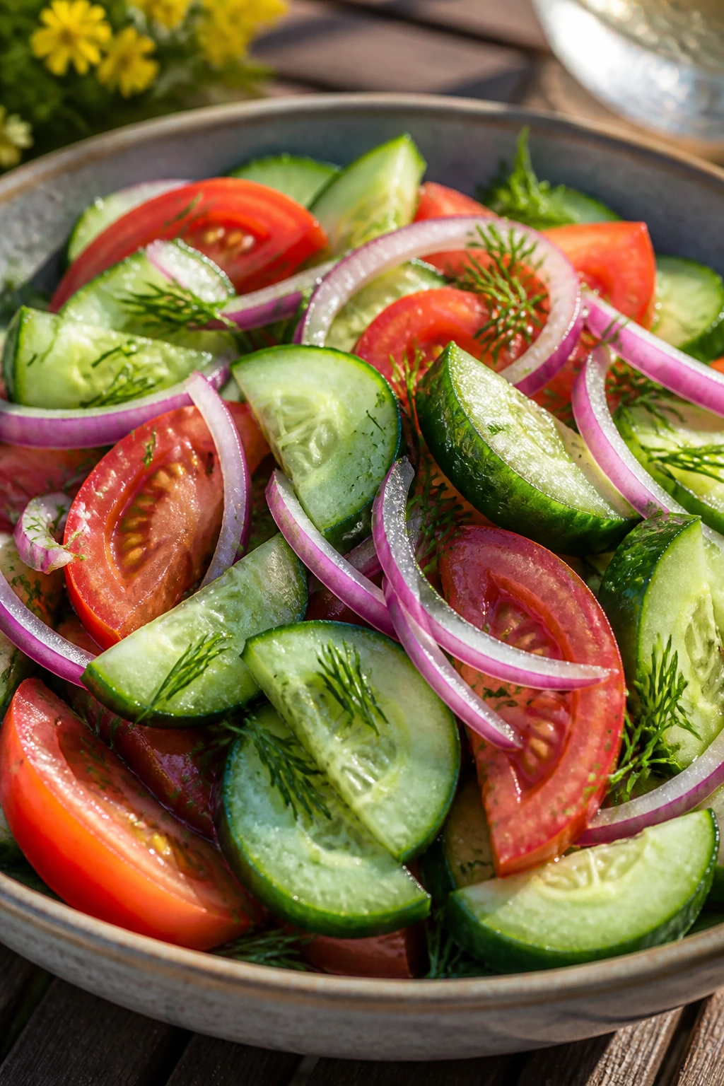 Cucumber tomato red onion salad with dill in a bowl