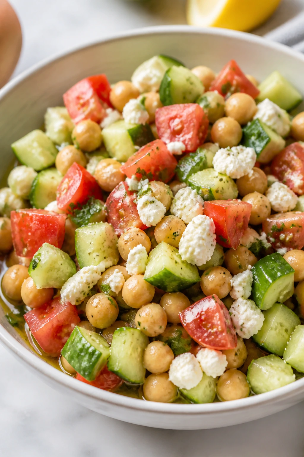 Close-up of cucumber tomato feta chickpea salad in a bowl