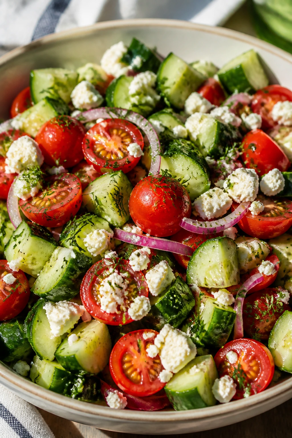 Cucumber tomato feta salad in a bowl for picnic