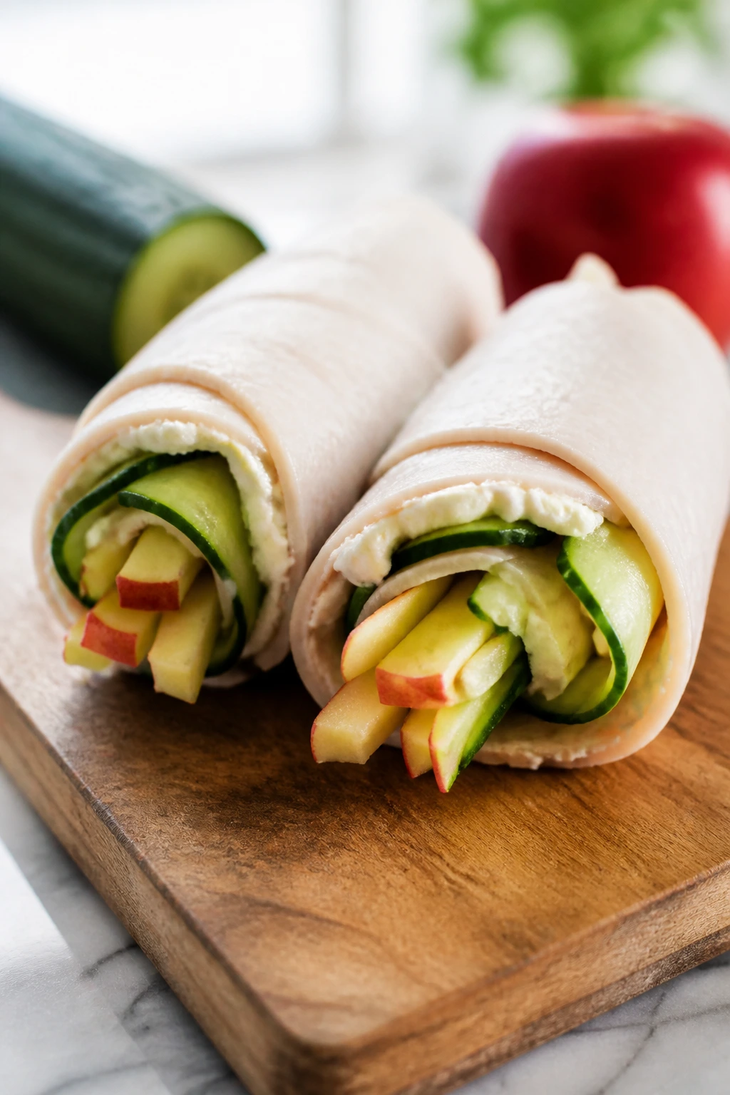 Close-up of cucumber turkey roll-ups with apple filling on cutting board