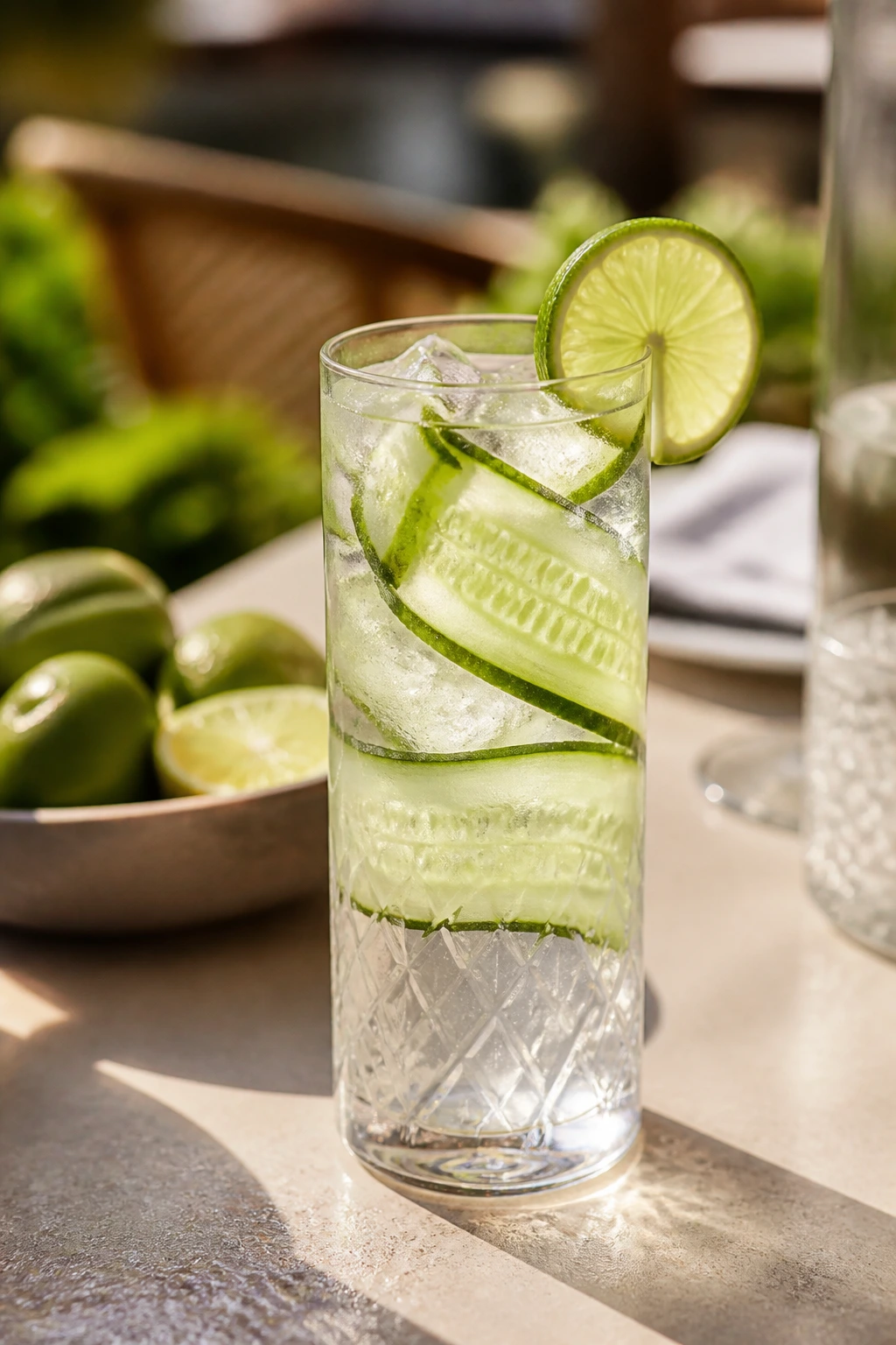 Close-up of Cucumber Lime Vodka Collins in a tall glass with cucumber ribbons and lime wheel