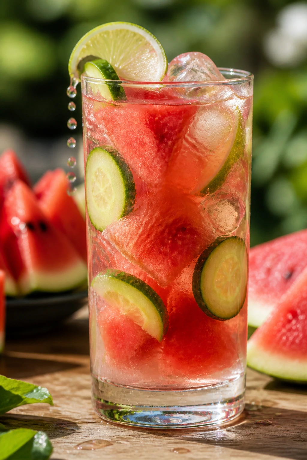 Cucumber Watermelon Cooler in a tall glass with watermelon chunks and cucumber slices