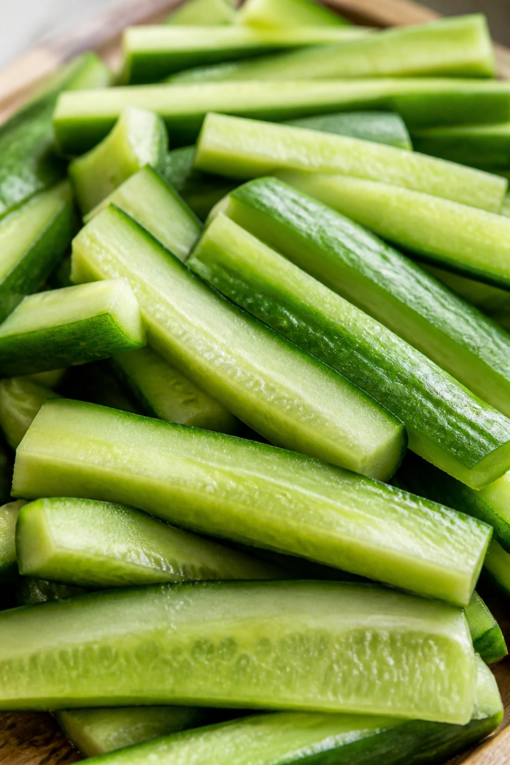 Close-up of crisp cucumber sticks filling the frame.