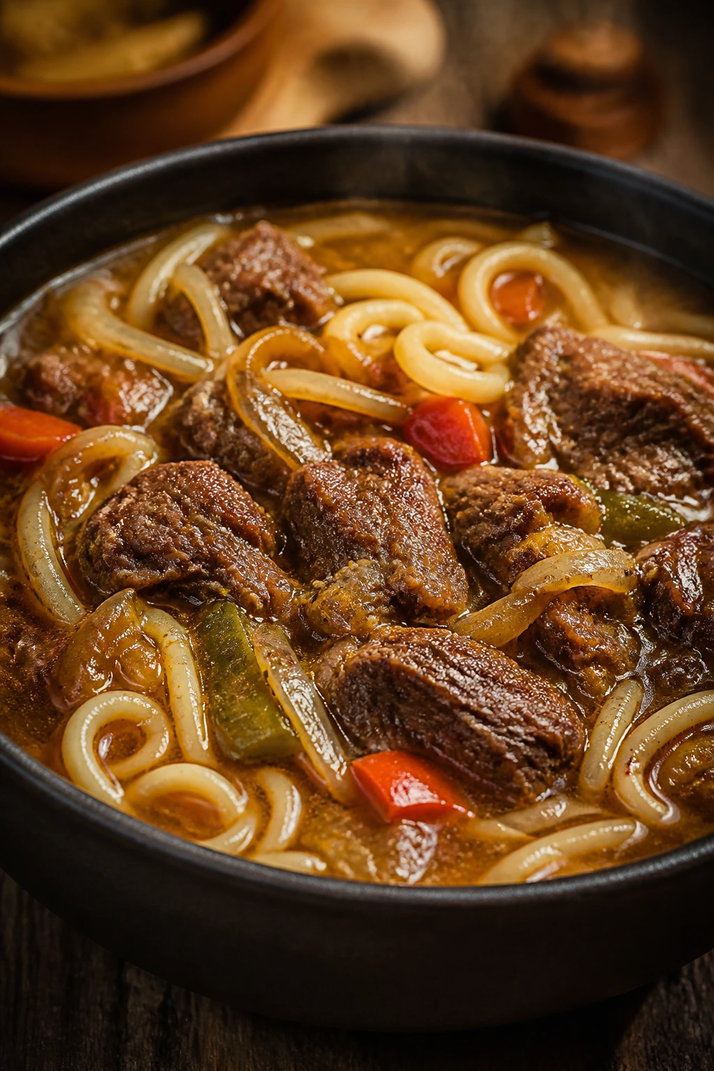 Close-up of Cumin Lamb Noodles with lamb chunks and noodles in a cumin-bright broth.