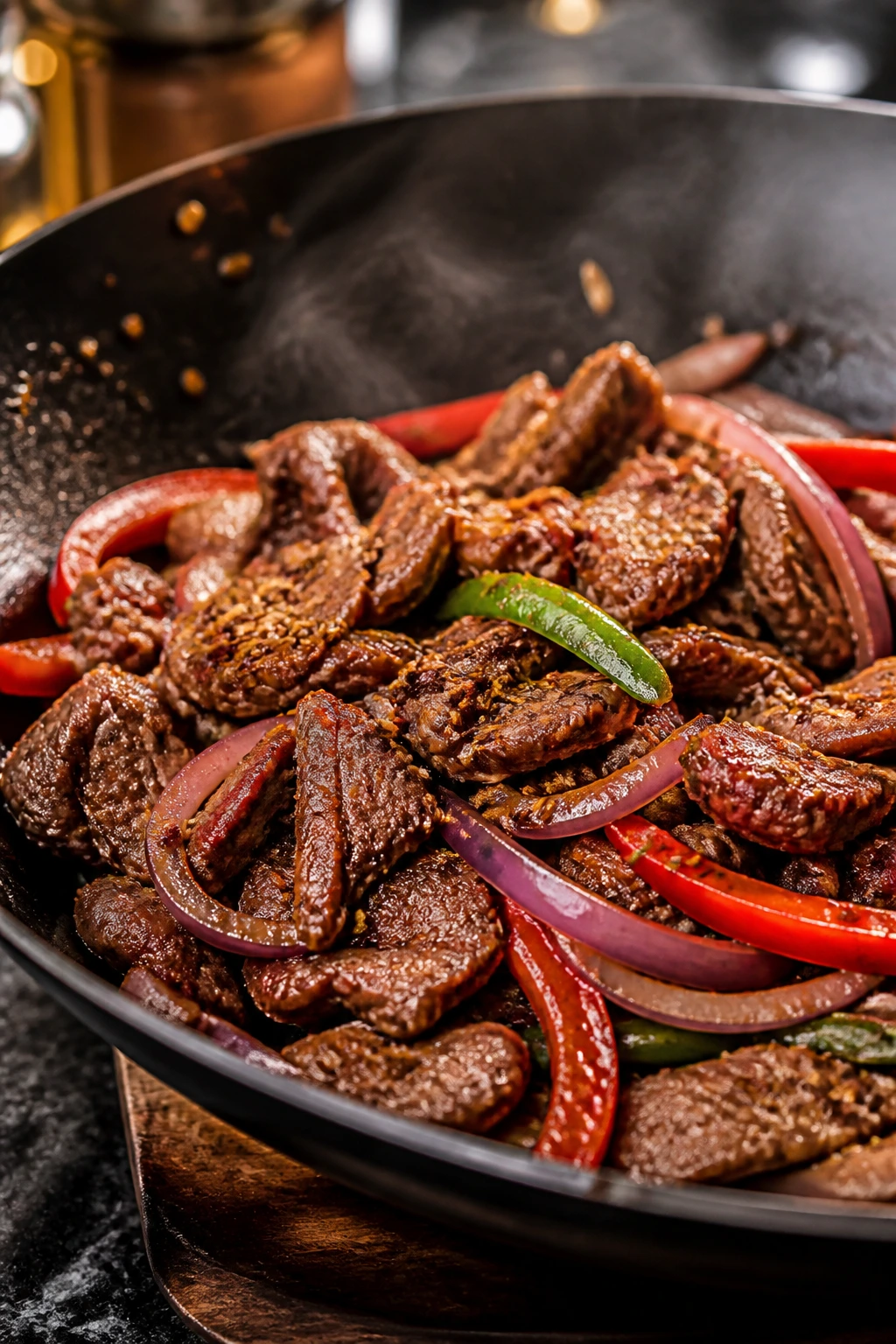 Close-up of cumin lamb stir-fry with onions and peppers in a wok