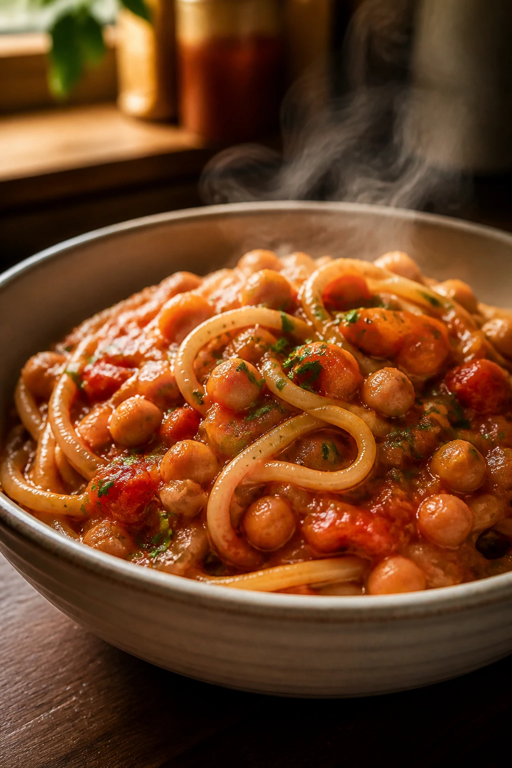 Close-up of a steaming bowl of cupboard-inspired pasta dish on a kitchen counter