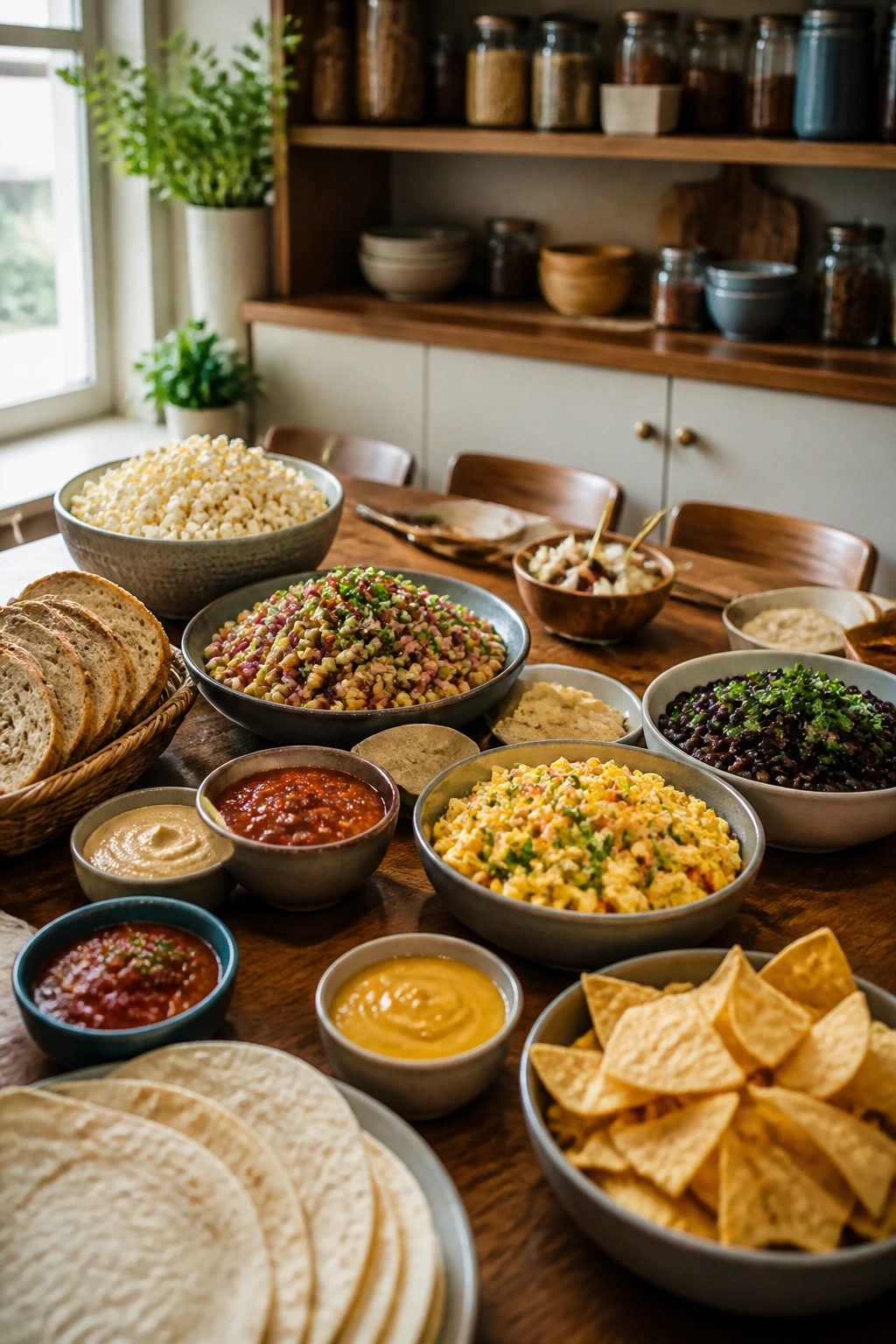 Budget party table from cupboard staples including beans, bread, tortillas, popcorn, eggs, and condiments on a wooden table