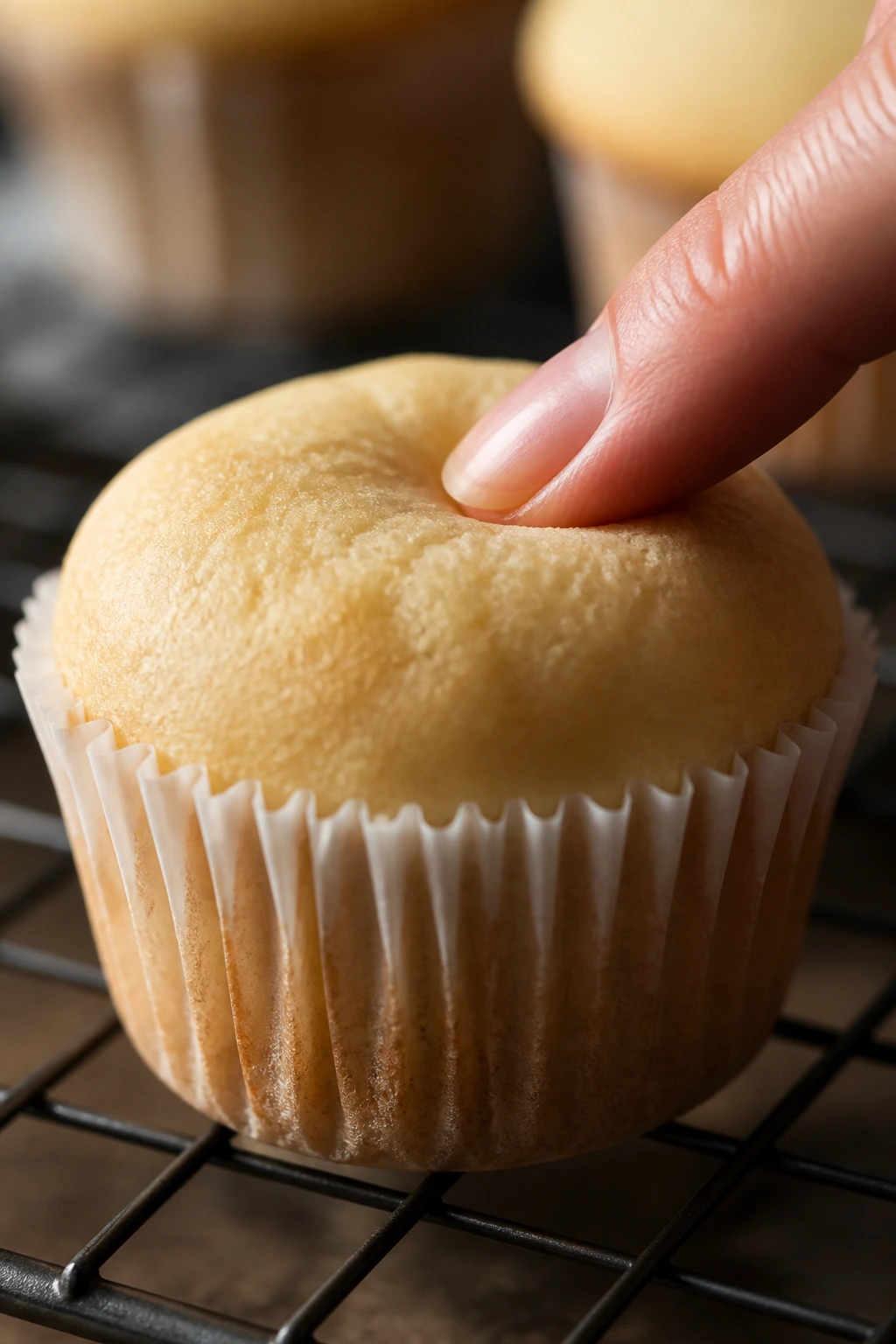 Cupcake top being pressed to show spring-back in a warm kitchen