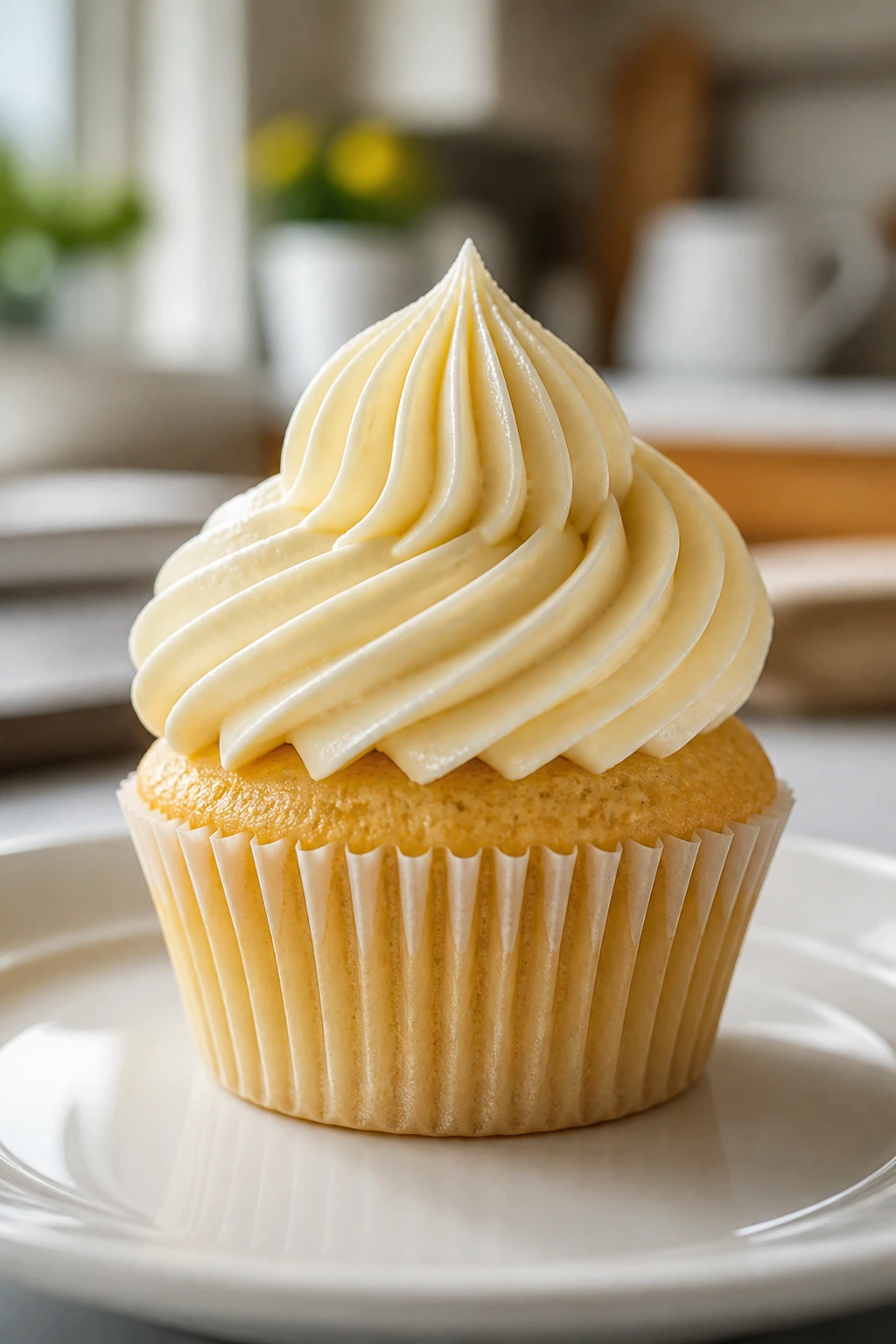 Close-up of a cupcake with tall ridged cream cheese frosting on a plate in a bright kitchen