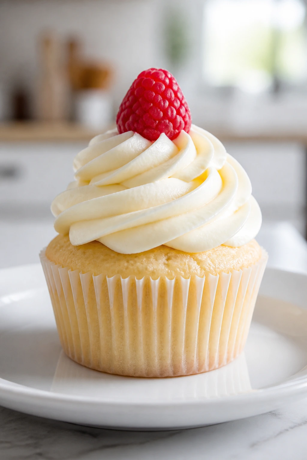 Vanilla cupcake on white plate with neat cream cheese frosting and raspberry