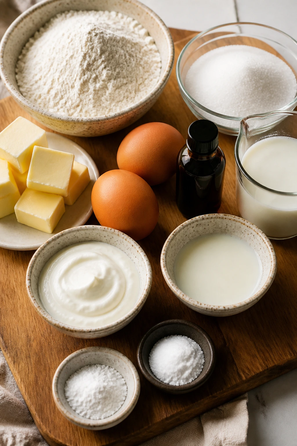 Ingredients for fluffy cupcakes arranged on wood board