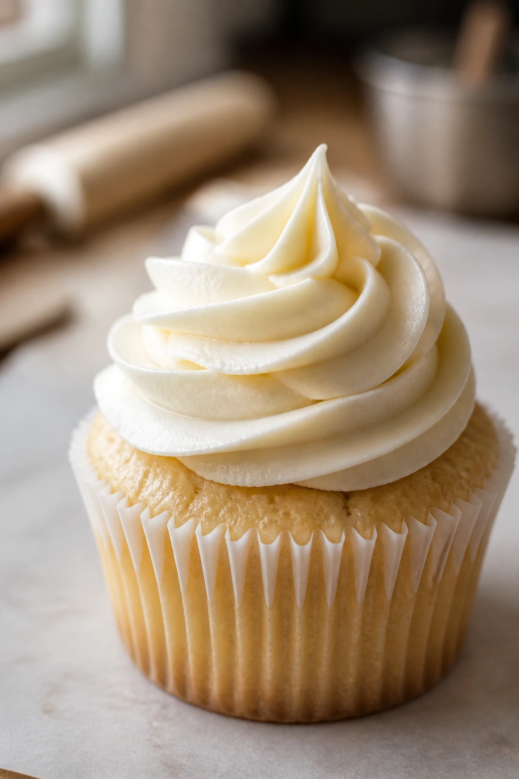 Cupcake with cream cheese frosting against a blurred blank recipe card backdrop
