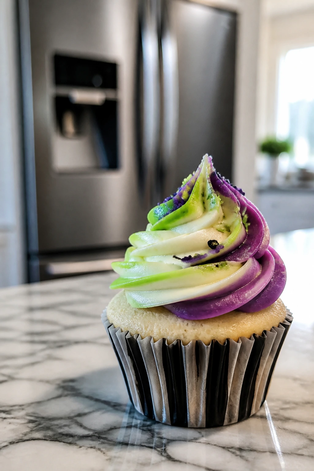 Frosted Beetlejuice cupcake on kitchen counter with fridge in background