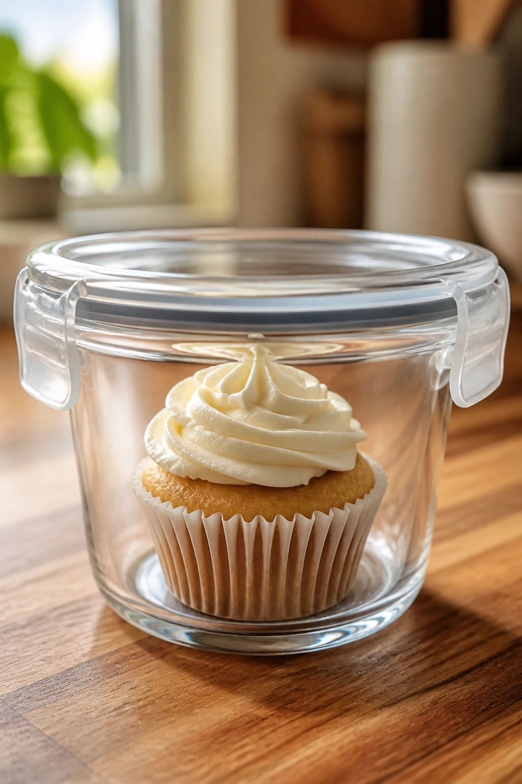 Frosted cupcake inside an airtight container on a warm kitchen counter