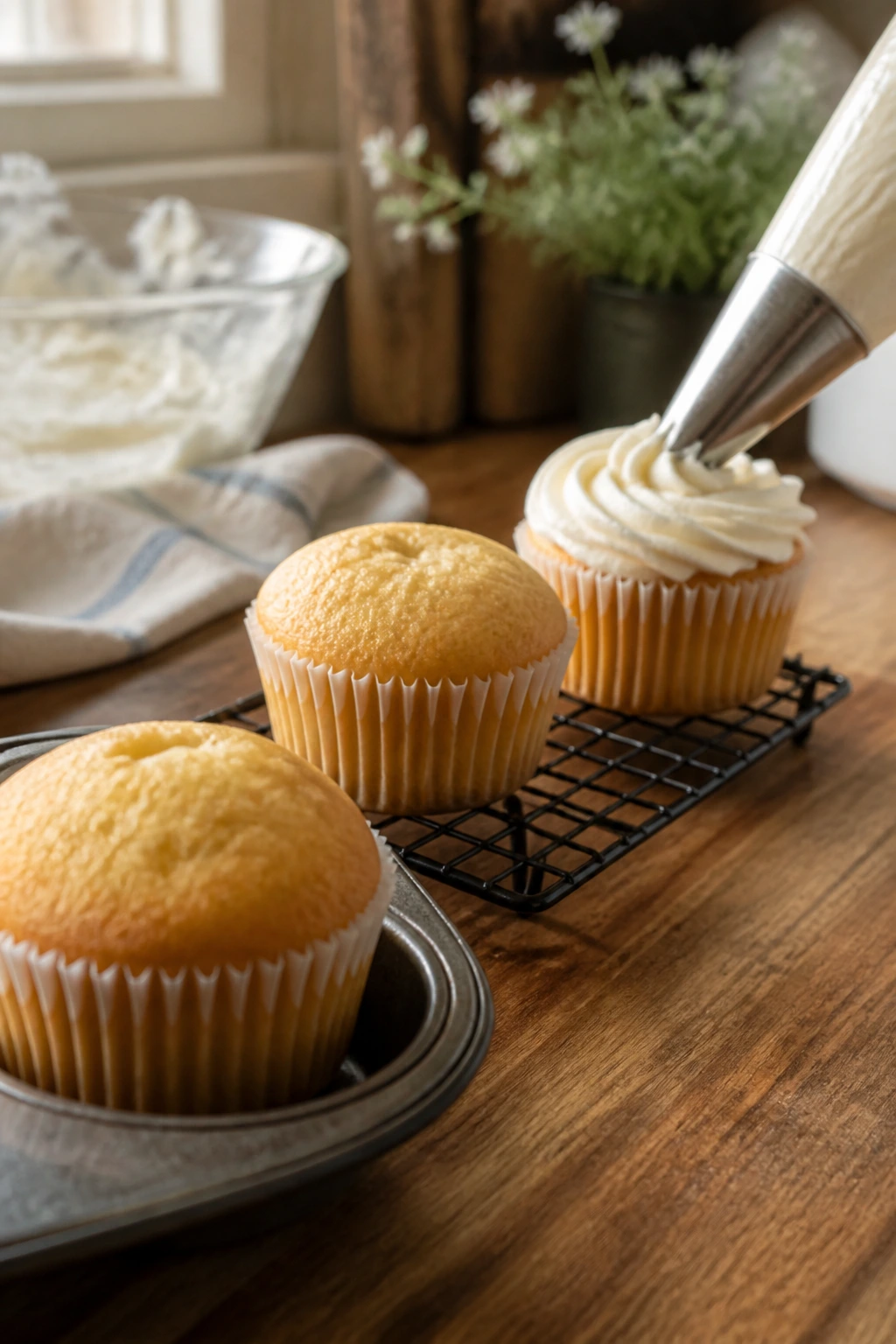 Three cupcakes showing bake, cooling, and frosting stages on a warm kitchen counter