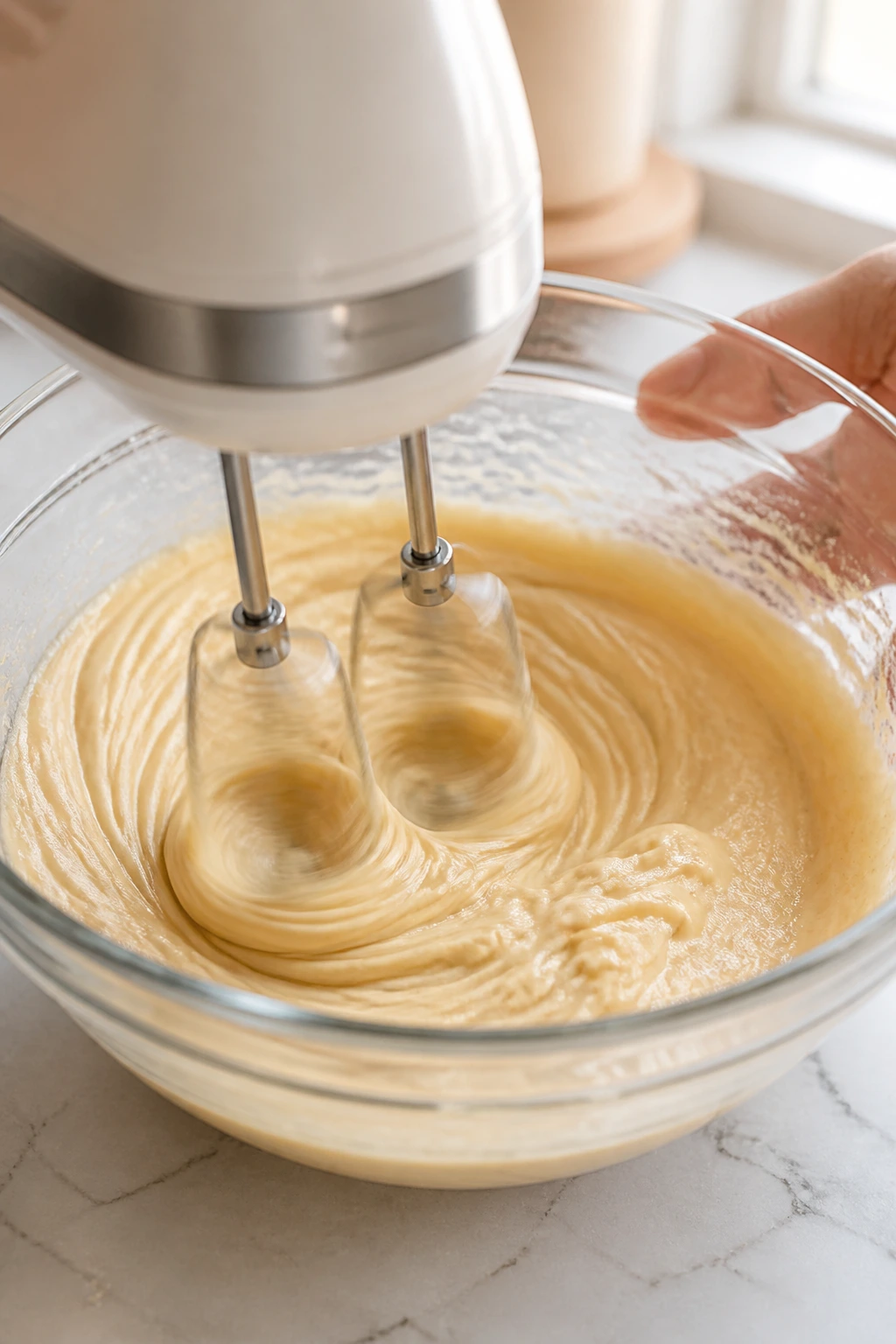 Hand mixer mixing batter in a bowl in a bright kitchen