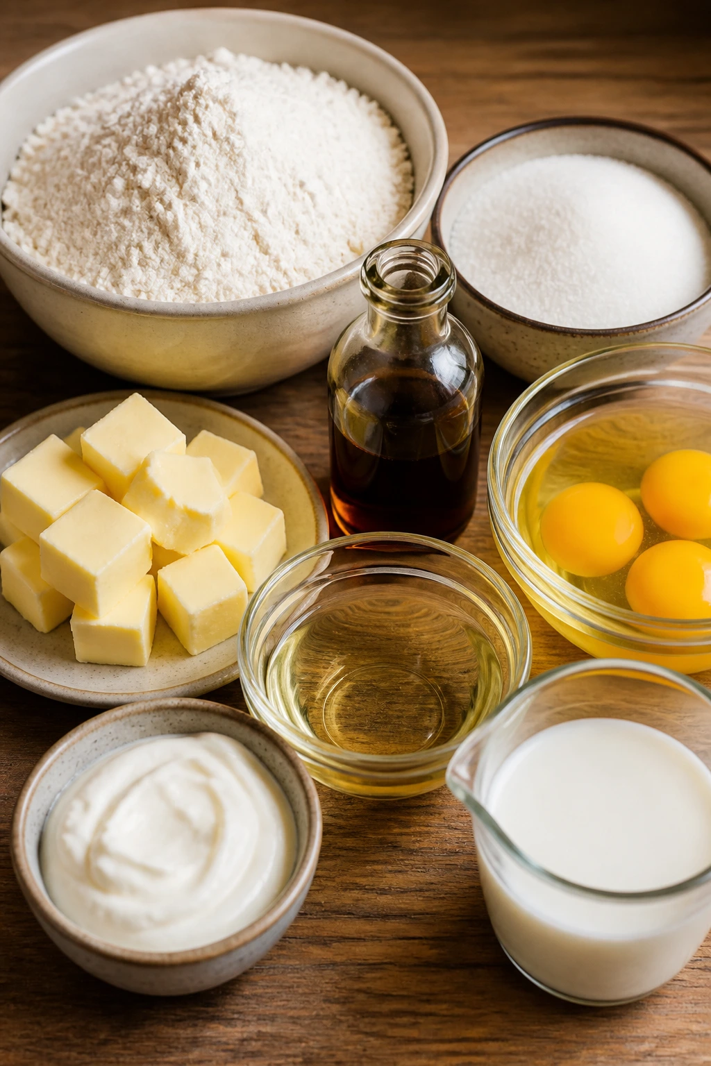 Close-up of cupcake ingredients arranged on a wooden surface
