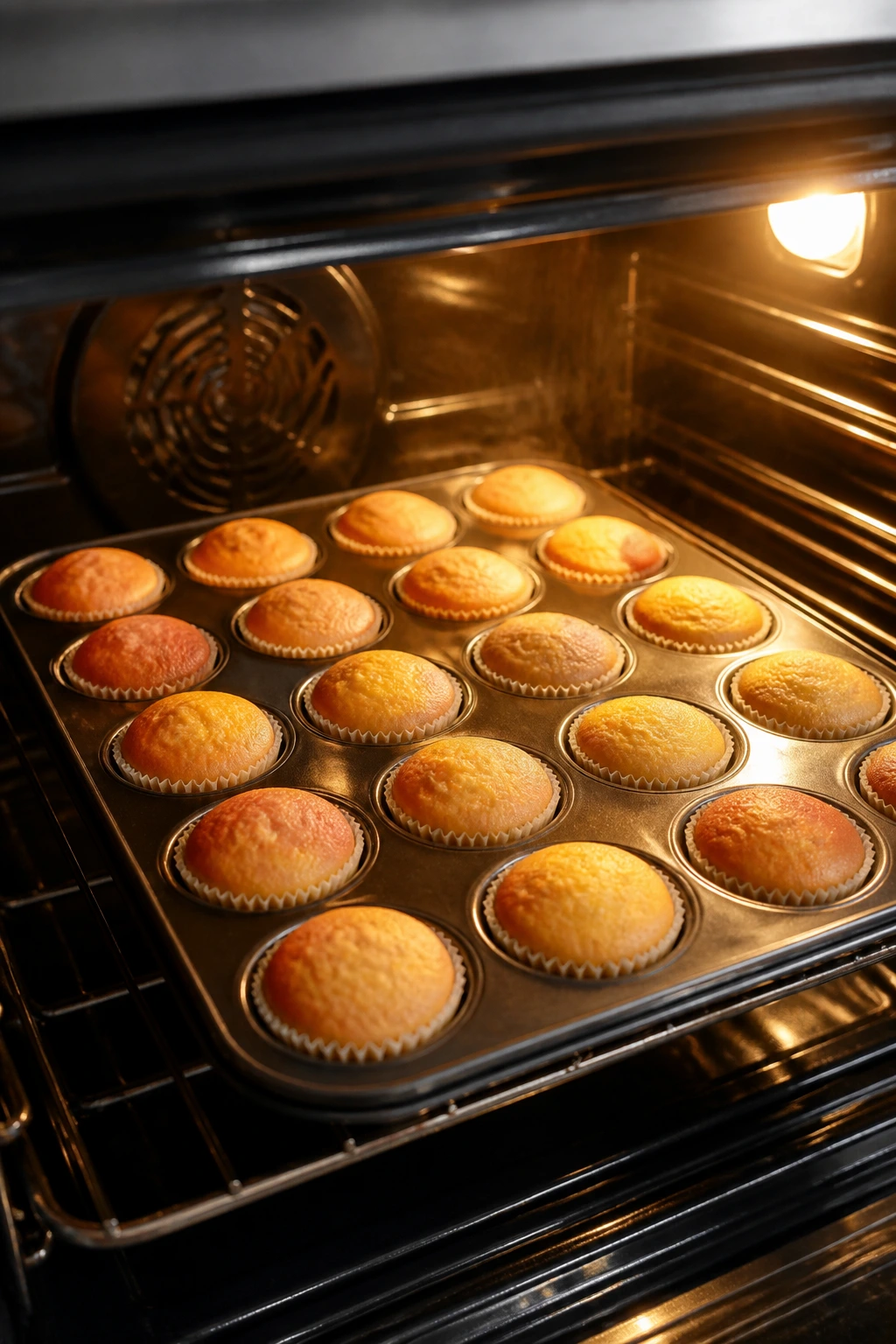 Close-up of cupcakes baking in an oven with golden tops visible through the door