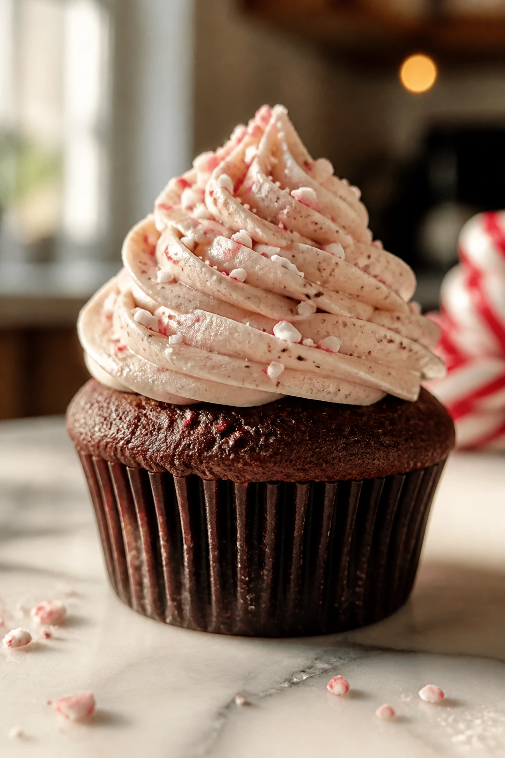 Cupcake with peppermint frosting on a kitchen counter