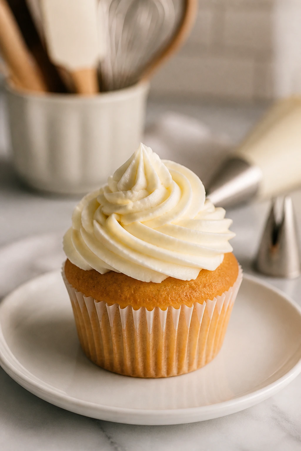 Cupcake with ridged frosting created by piping tip