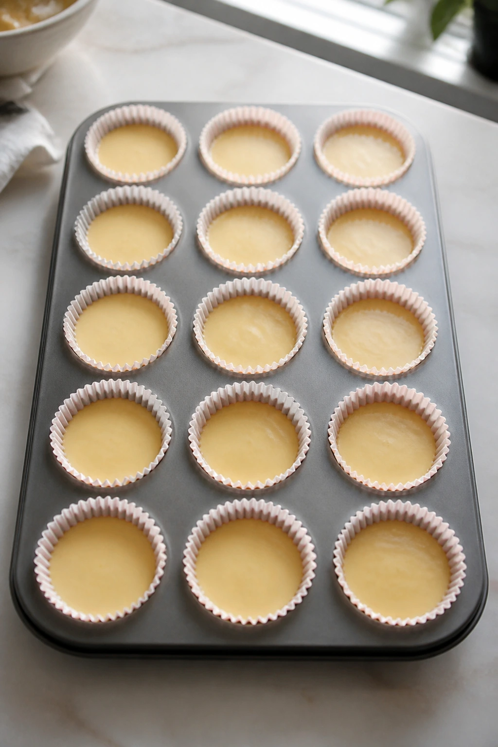 Sheet pan with 18 cupcake liners ready to bake on a bright kitchen counter