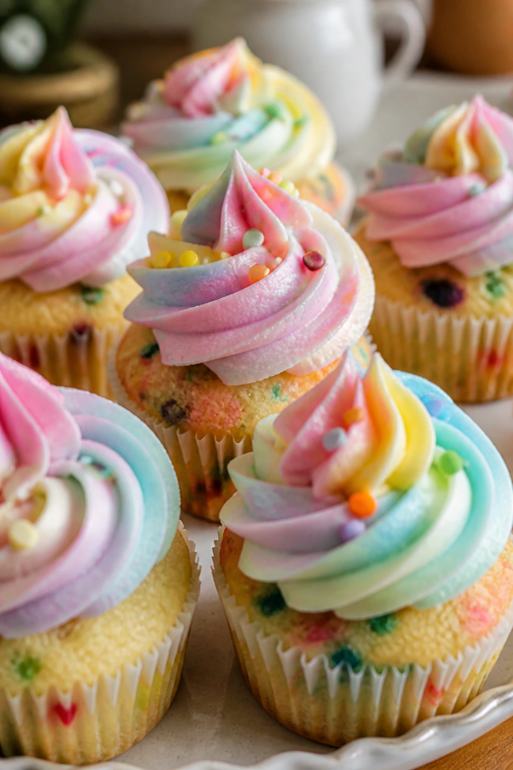 Mini cupcakes with colorful sprinkles and swirl frosting