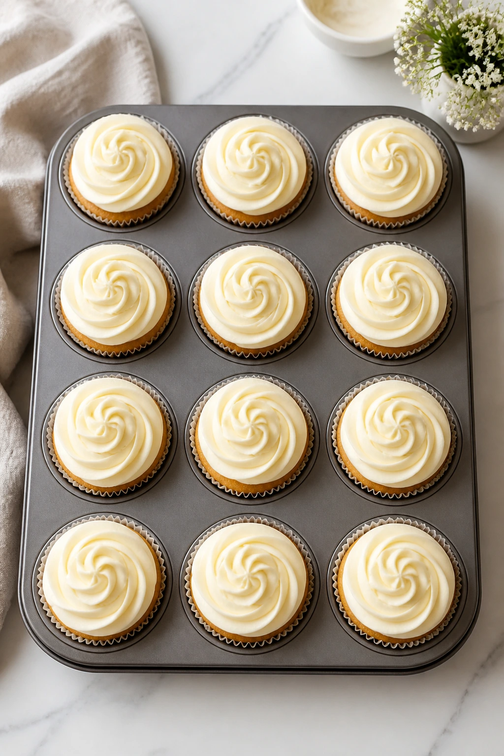 Top-down view of twelve frosted cupcakes in a muffin tin on a bright kitchen counter