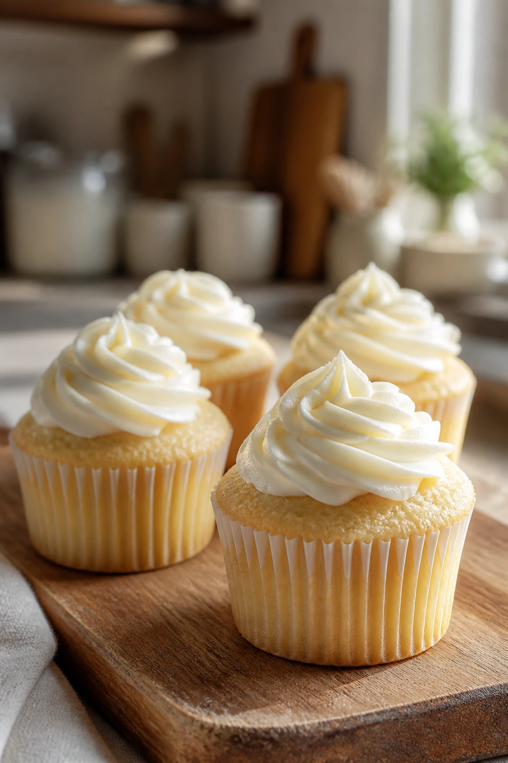 Close-up of four moist vanilla cupcakes with cream cheese frosting on a wooden board in a sunlit kitchen