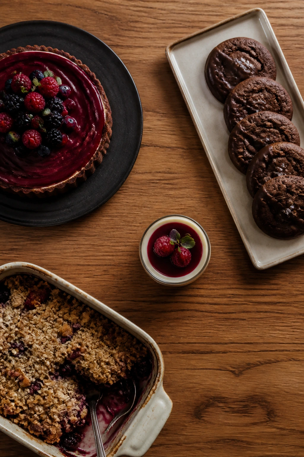Top-down view of a minimal, curated dessert board with a tart, cookies, mousse, and a fruit bake.