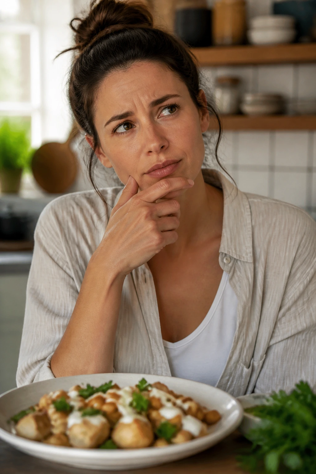 Portrait of a curious cook in a kitchen with a plated dish nearby