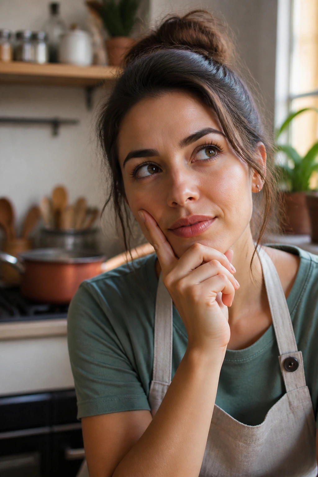 Thoughtful real-person portrait in a kitchen, representing questions about sauces